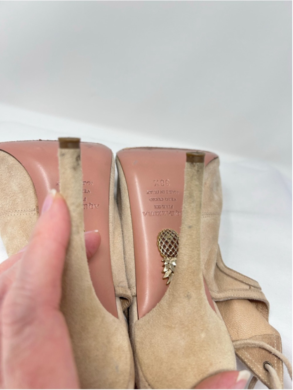 Aquazzura Sexy Thing Nude Beige Suede Lace Up Heels 38.5 Peep Toe - Picture 10 of 12